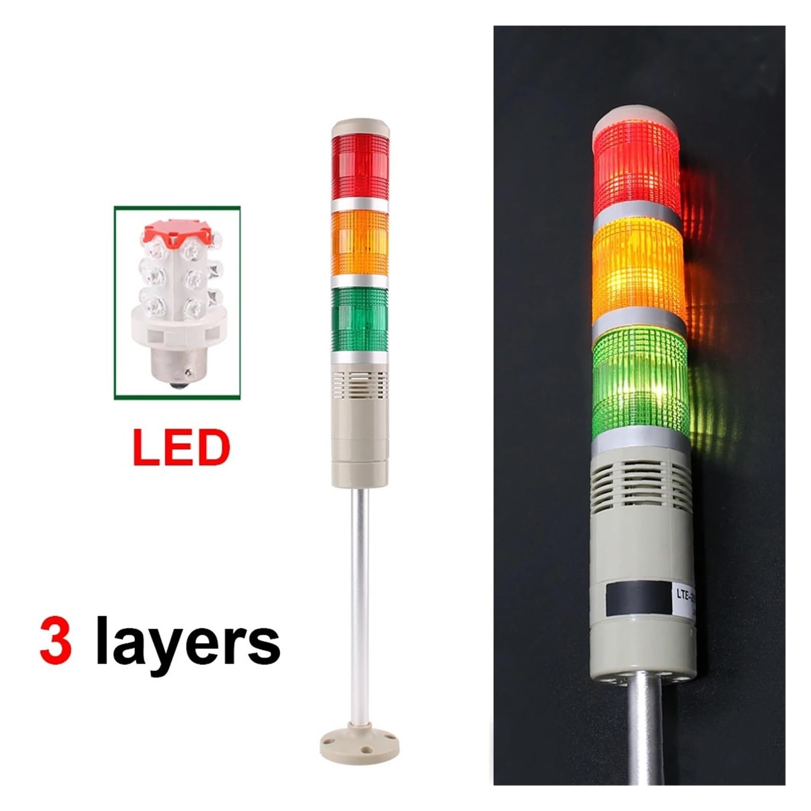 Przemysłowe lampy ostrzegawcze DC 12 V, 24 V, 110 V, 220 V, przemysłowe światło ostrzegawcze, ciągły błysk, lampka LED z brzęczykiem (stały i dźwiękowy 24 V)