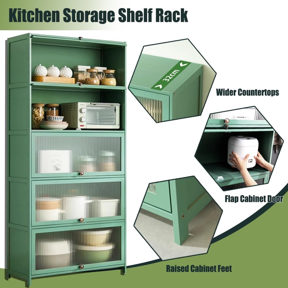 Credenza da cucina in bambù con porta trasparente, con piedini alti, versatile scaffale da cucina per soggiorno e corridoio, design ecologico verde