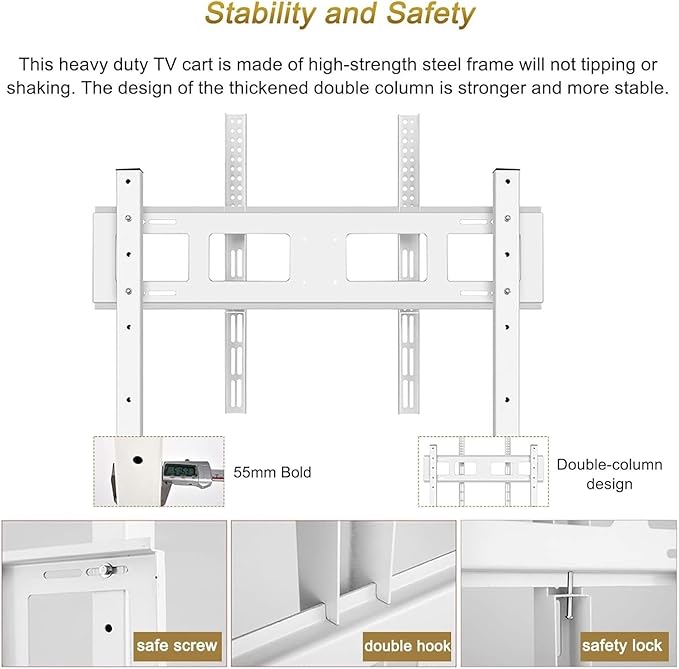 Carro para TV móvil con soporte, 32-70 pulgadas, blanco, ruedas pesadas miniatura 5
