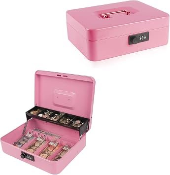 KYODOLED Large Cash Box with Combination Lock,Money Box with Cash Tray, Lock Safe Box with Key,Money Saving Organizer,11.81Lx 9.45Wx 3.54H Inches,Pink XL Large