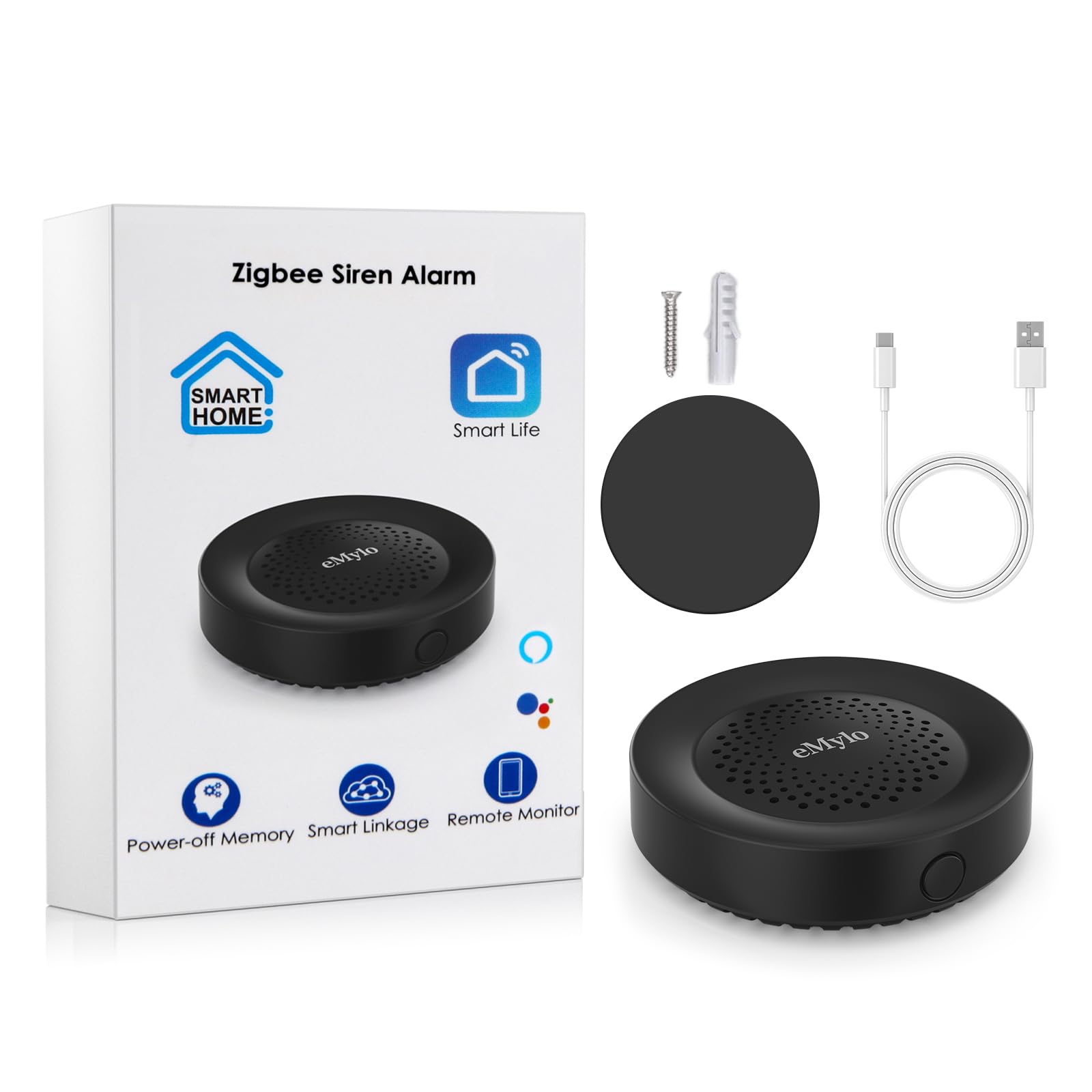 eMylo Zigbee Alarm, Alarma Negra, control TUYA/SmartLife APP, alarmas audibles y visibles, notificaciones automáticas push, para unidades residenciales, hospitales, residencias de ancianos, etc. (requ