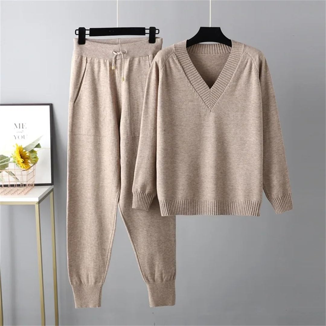 Ensemble deux pièces pour femme avec col en V et pantalon tricoté