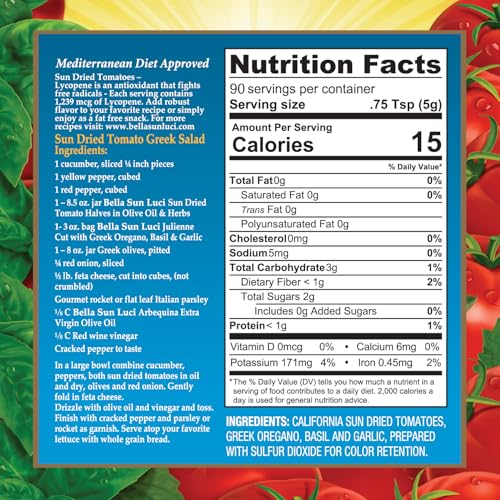 Image of Bella Sun Luci Sun Dried Tomatoes with Greek Oregano, Basil & Garlic, Mediterranean Style Sun-Ripened Tomatoes, Kosher, Vegan, Gluten-Free, Flavorful Snack & Ingredient for Pasta, Salads, Sandwiches & Charcuterie