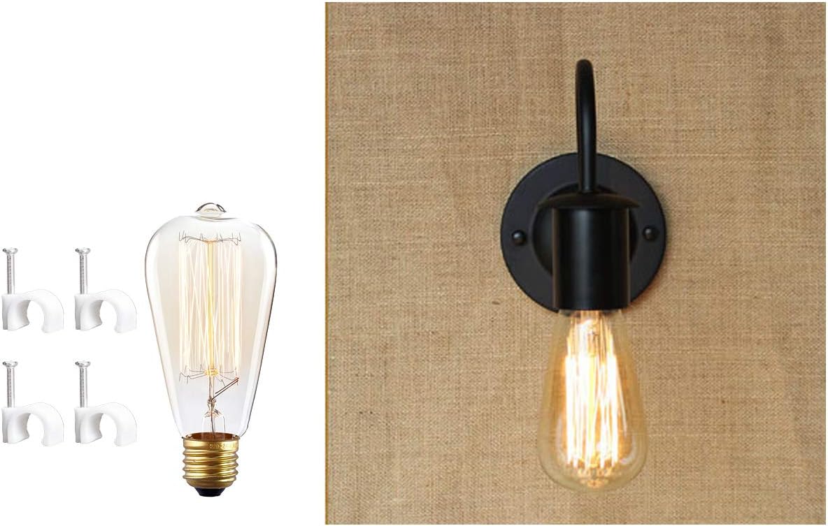 STGLIGHTING Minimalist Single Socket Vintage Industrial Loft Style 1-Light Wall Sconce E26 UL Certification Plug-in Button Switch Cord Lighting Black Bulb Included