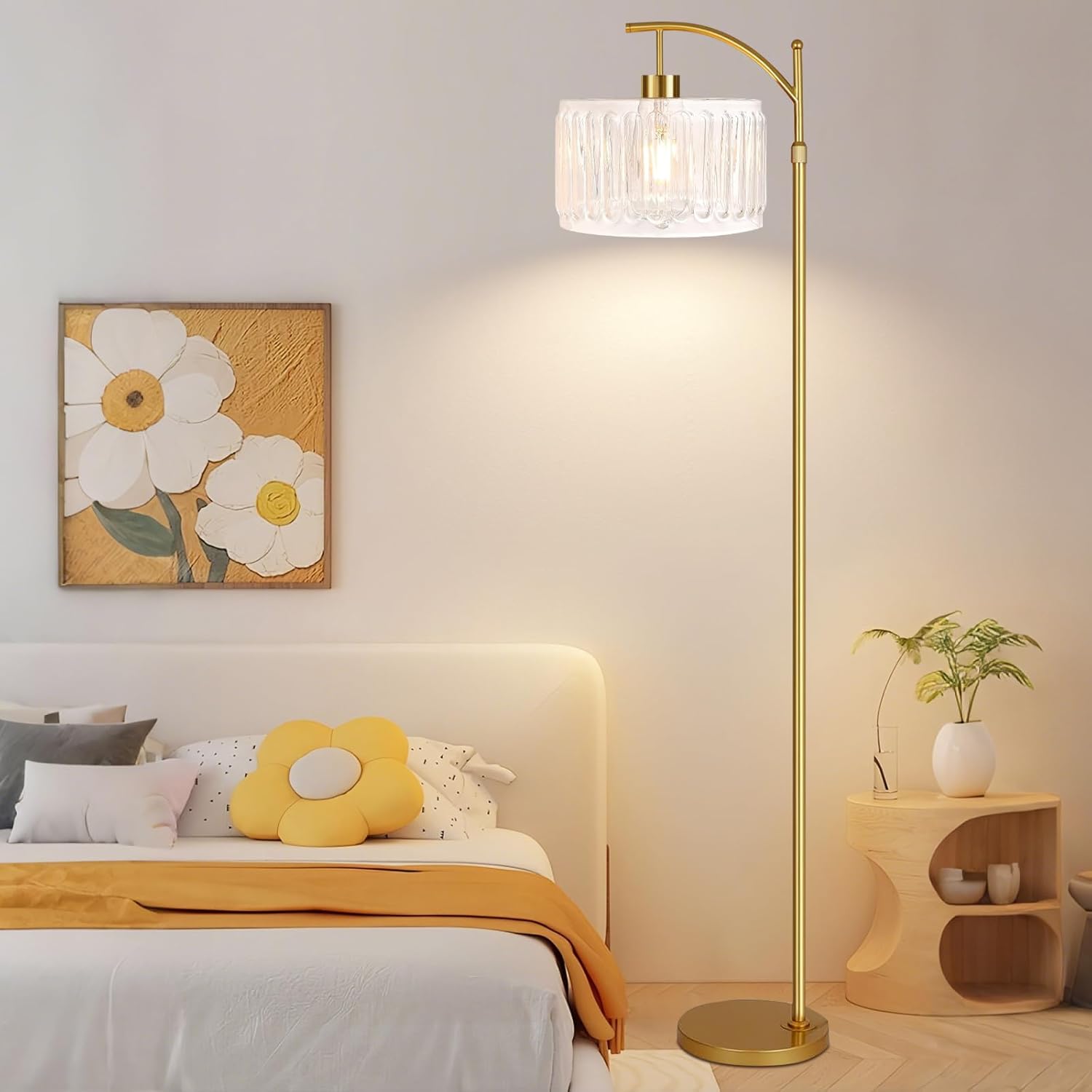 QIYIZM Glass Floor Lamp for Living Room,Bedroom,Gold Dimmable Standing Lamp with Remote,Brass White Tall Lamp Boho Mid Century Modern Floor Lamps Arc Floor Light Lamp Girls Kids Bohemian