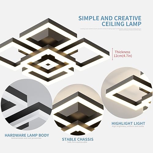 Miniatura 6 de GEADI Lámpara de techo LED moderna, luz de montaje empotrado negra de 64 W, lámpara de techo cuadrada con control remoto, lámpara de techo acrílica