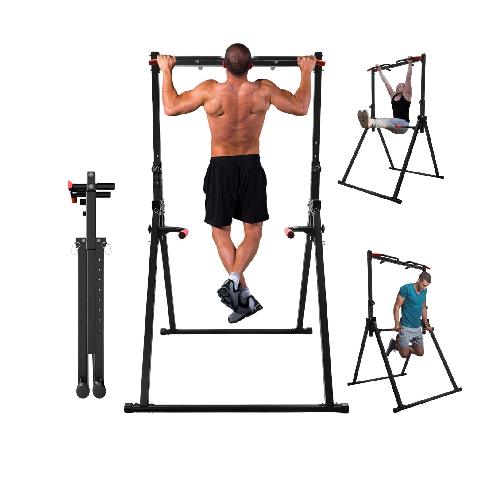 Fenjidrop Foldable Pull Up Bar Stand, 440LBS Capacity Adjustable Height Dip Station for Home Gym, Strength Training Equipment for Calisthenics, Pullups, and Dips (Black)