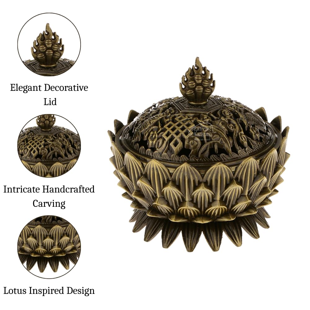 Extreme Karigari Lotus Incense Burner, Bronze, Metal, 10cm x 10cm, Tibetan Style, with Lid, Dhoop Batti, Dhuni Holder for Temple and Home 2
