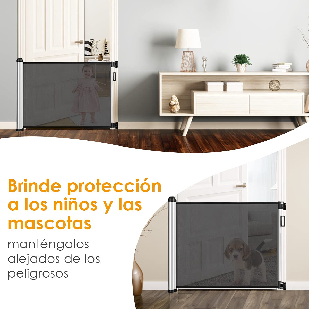 COSTWAY Barrera de Seguridad Extensible Malla para Niños y Mascotas Rejilla de Protección de Puerta y Escalera (Gris Oscuro)