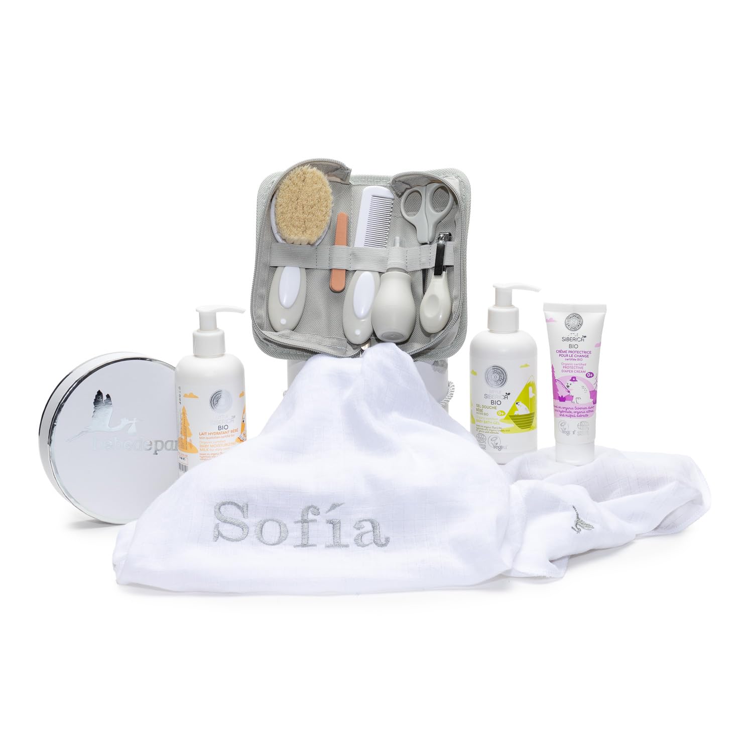 Canastilla Bebe Recien Nacido | Cosmética Natural Bordado con el nombre | Set Estuche con todo lo necesario Para el Cuidado y Baño del Bebé (Cosmetica + Estuche + Muselina) | BebeDeParis
