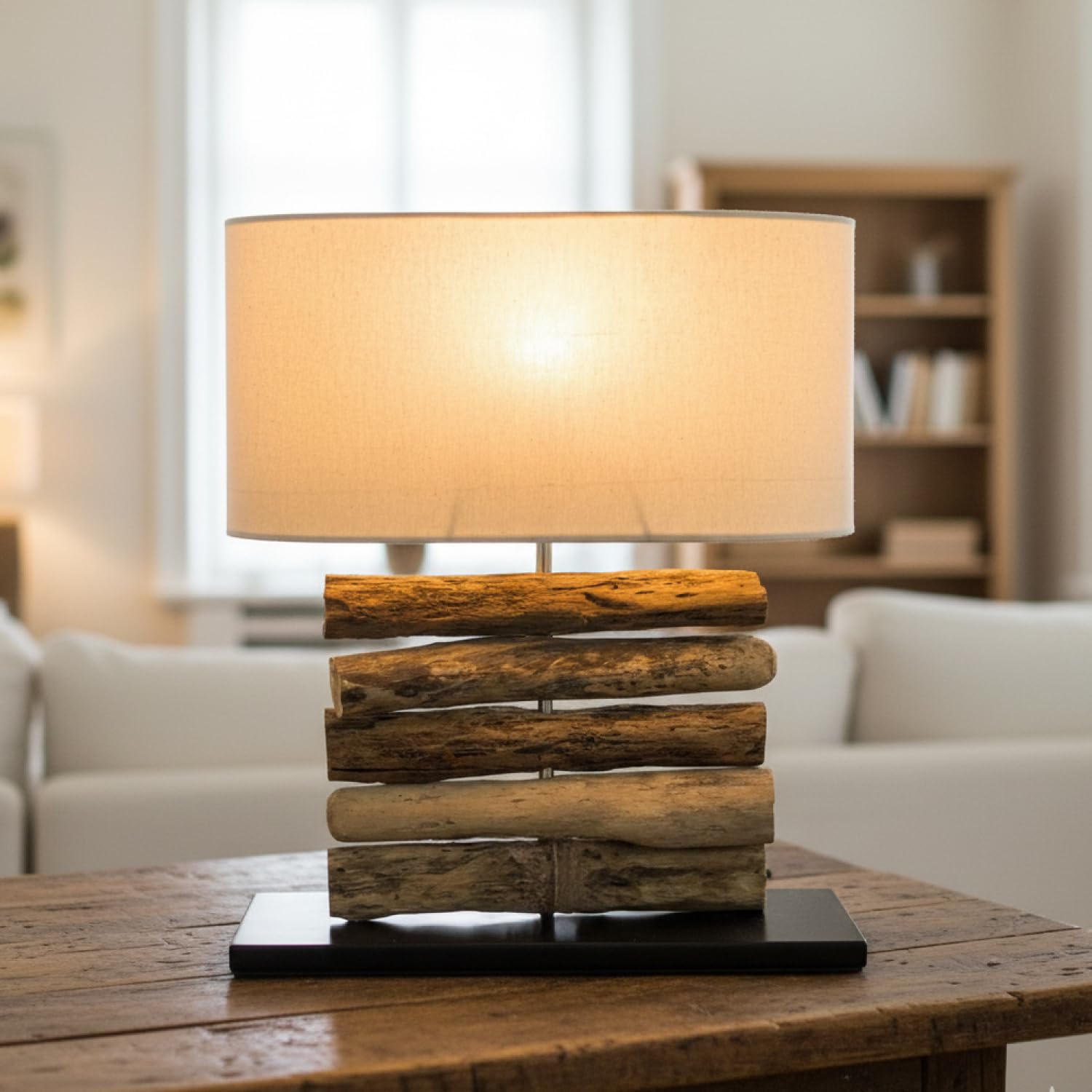 GURU SHOP Lampada da Tavolo/lampada da Tavolo, Fatta a Mano a Bali da Materiale Naturale, Legno di Deriva, Cotone - Modello Mukata, Driftwood, 42x34x16 cm, Lampade da Tavolo in Materiali Naturali