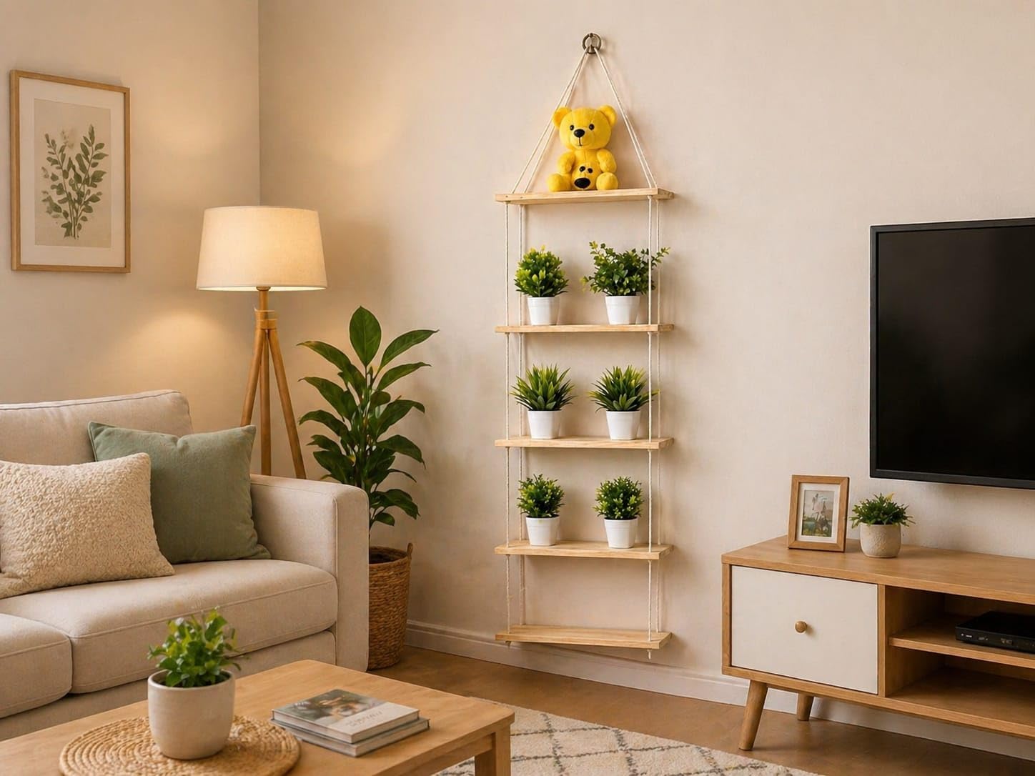 5-Tier Hanging Wall Shelf – Wooden Rope Ladder Shelf for Plants, Books & Home Decor | Rustic Wall Mounted Storage Organizer-image-39