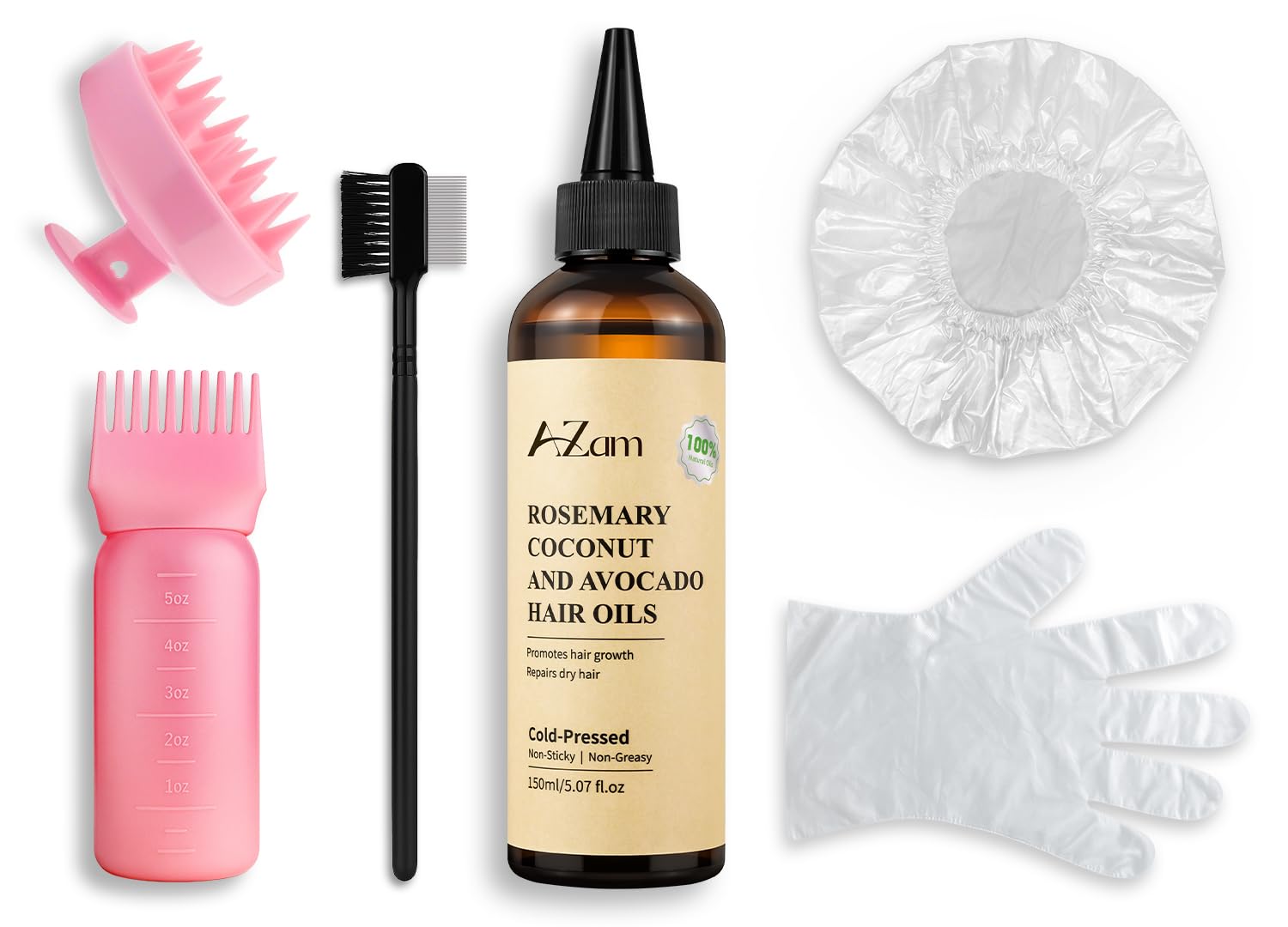 AZam Hair Oil Kit, 150ml Avocado, Coconut & Rosemary Blend for Hair Growth & Scalp Care, Includes Applicator Bottle, Gloves