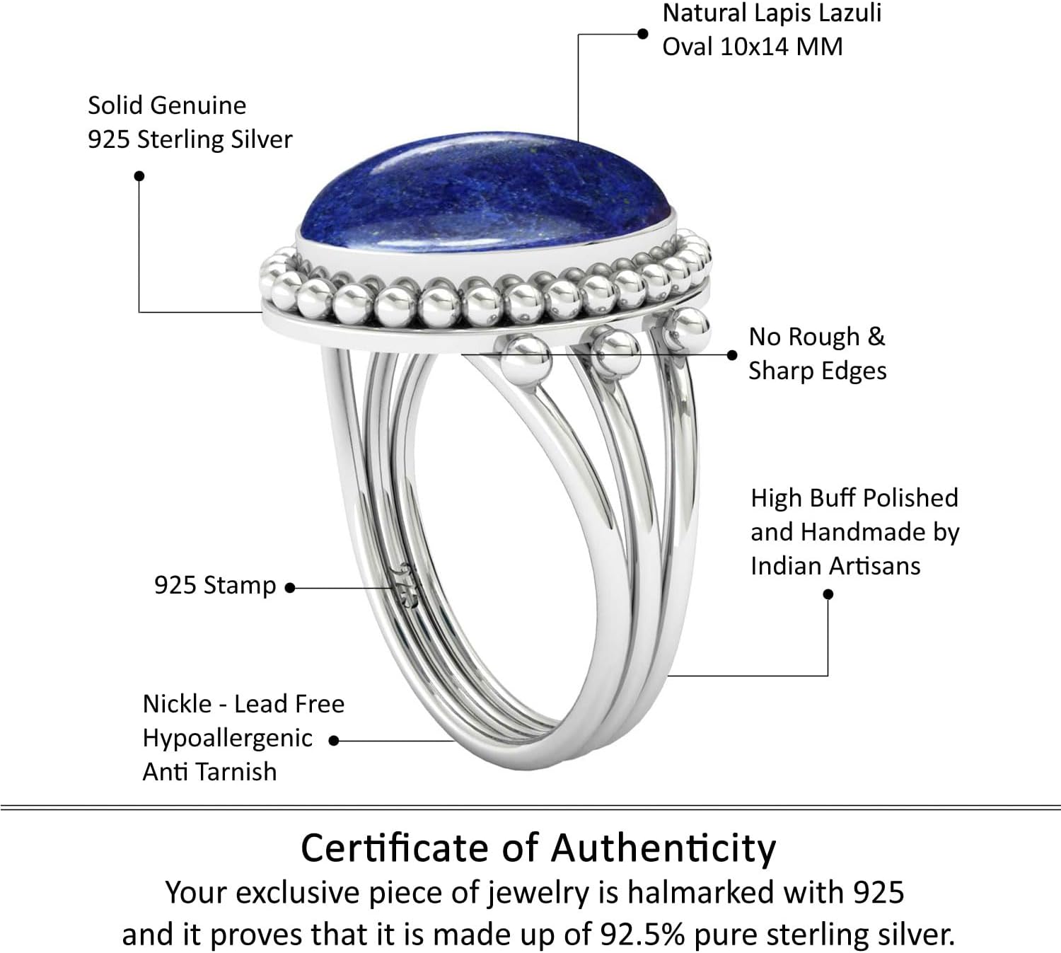 Lapis, Moonstone, Pearl, Crystal Oval Handmade Ring Genuine 925 Sterling Silver Boho Natural Gemstone Jewelry For Women
