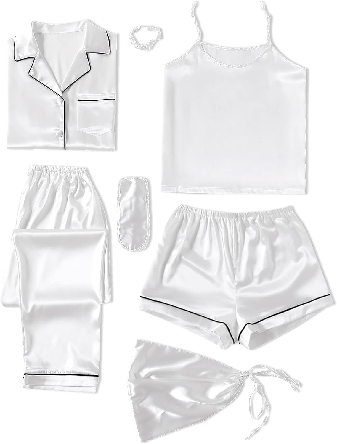 LYANER Women's Pajamas Set 7pcs Silk Satin Sleepwear Loungewear Cami Shirt Pj Set