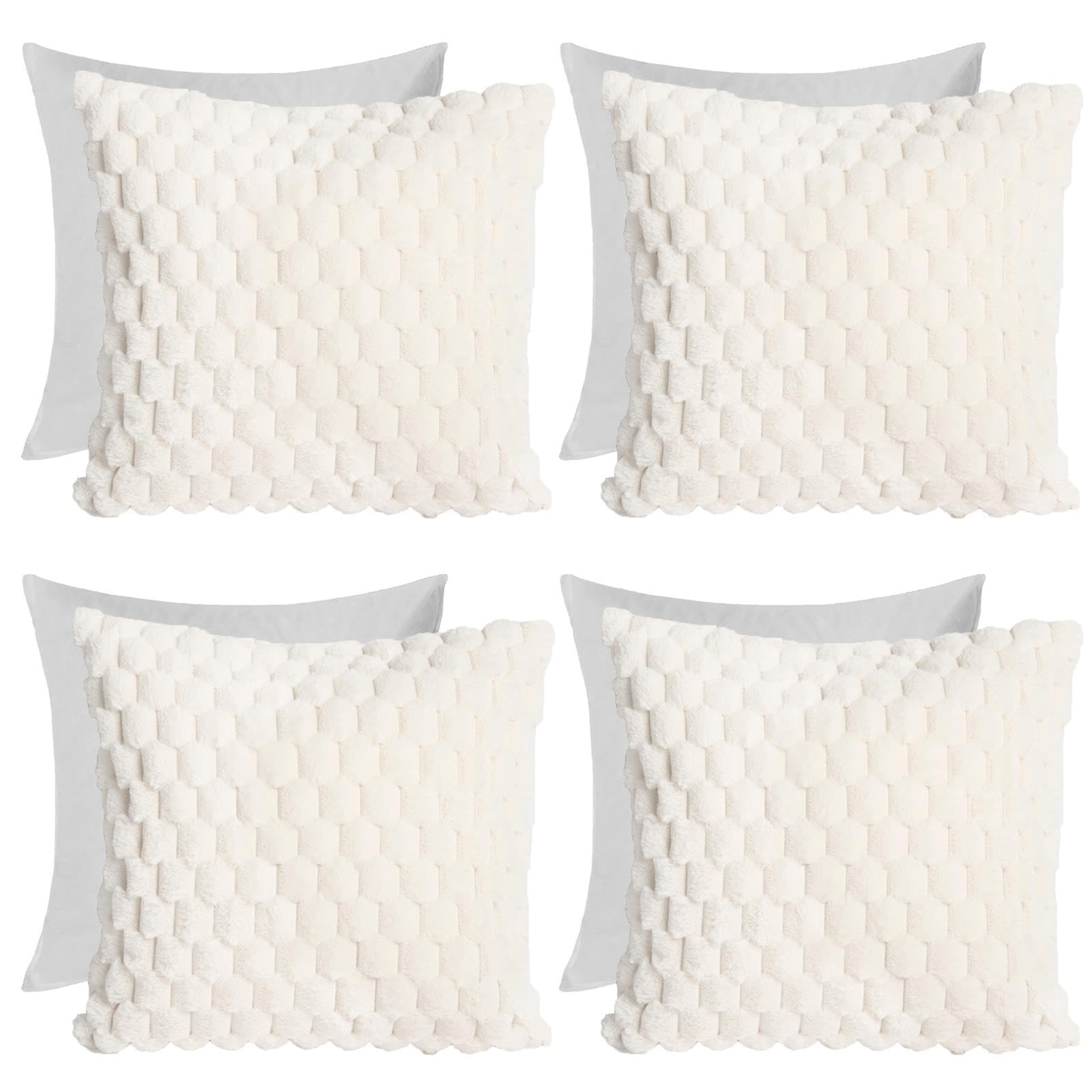 4 Pack Waffle Faux Fur Cushion Covers - Cream - 45cm x 45cm