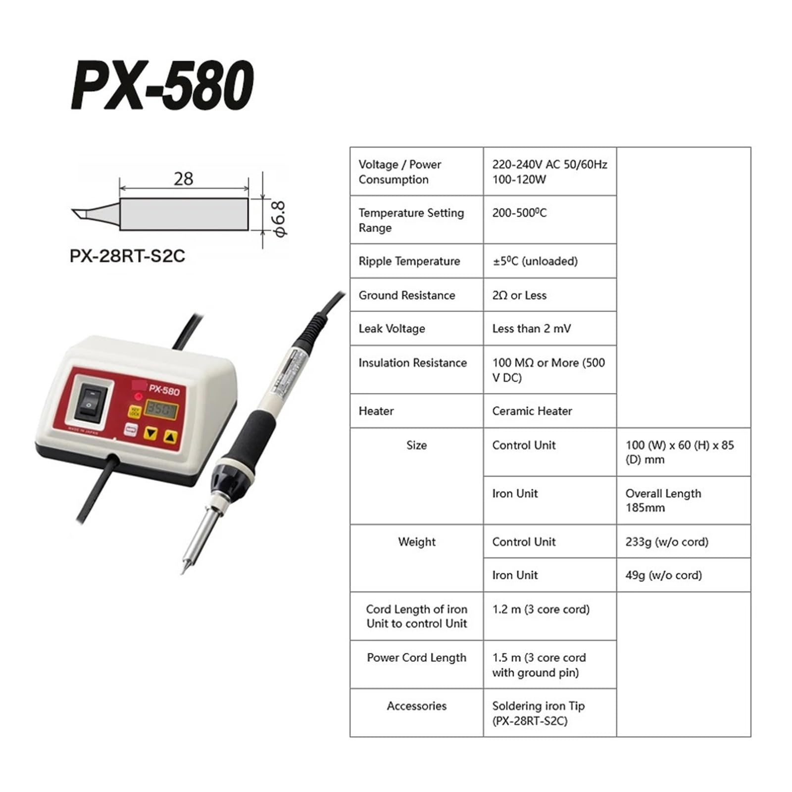Mini Station de soudage PX-580 avec température contrôlée sans Support en Fer, Chauffage Rapide de 200 à 500 ℃ (Noyau de Remplacement)
