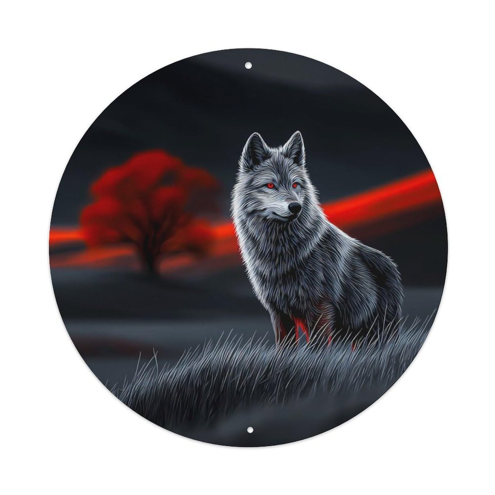 Animal Wolf Red Accent Dark Moody Wilderness Vintage Metal Tin Sign Plaque Wall Decor for Cafe, Club Bar, Office, Garden Metal Poster 8x8Inch