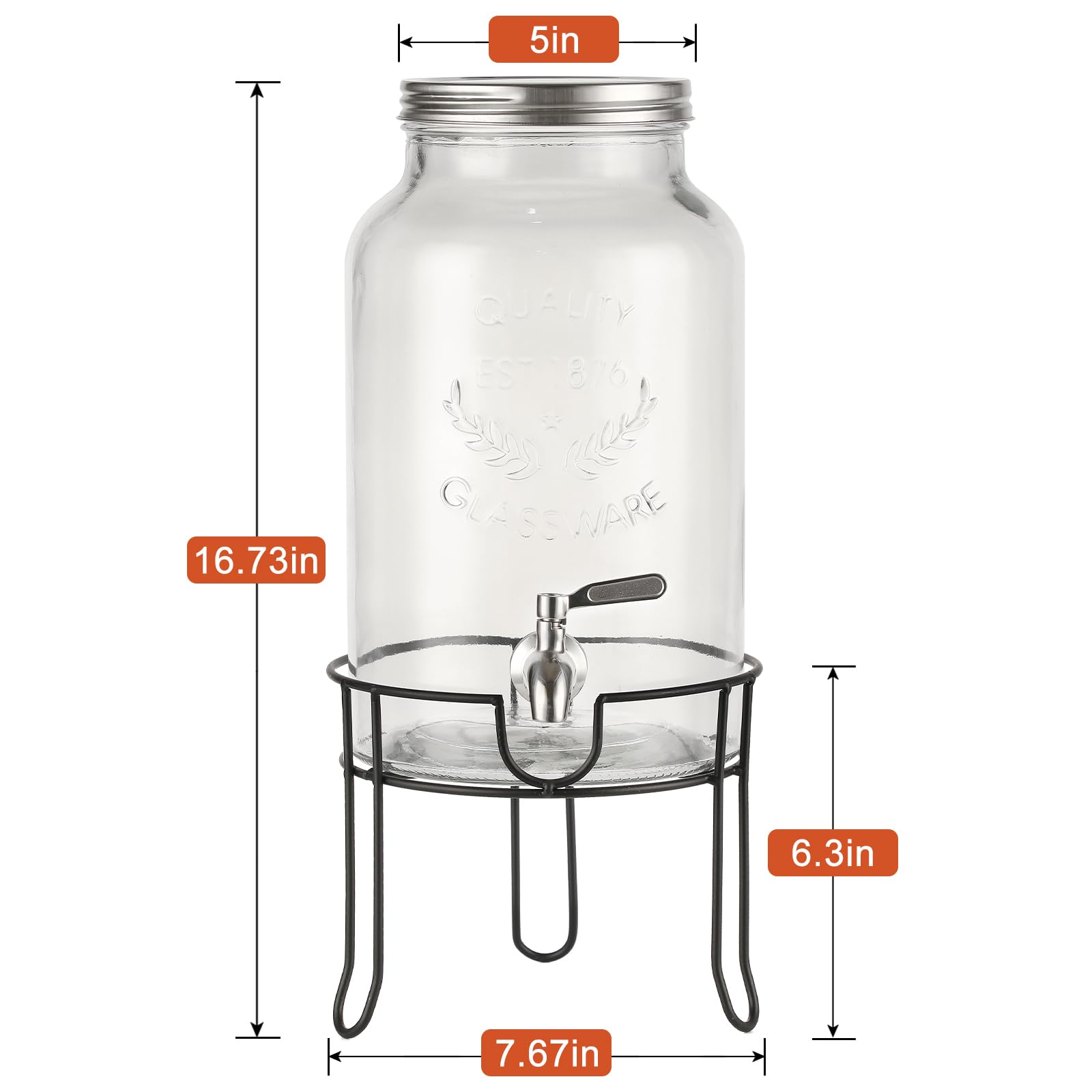 Dispensador de bebidas de vidrio de 1.5 galones con soporte, espiga impermeable de acero inoxidable y tapa, dispensadores de bebidas de vidrio para fiestas, dispensador de bebidas de agua