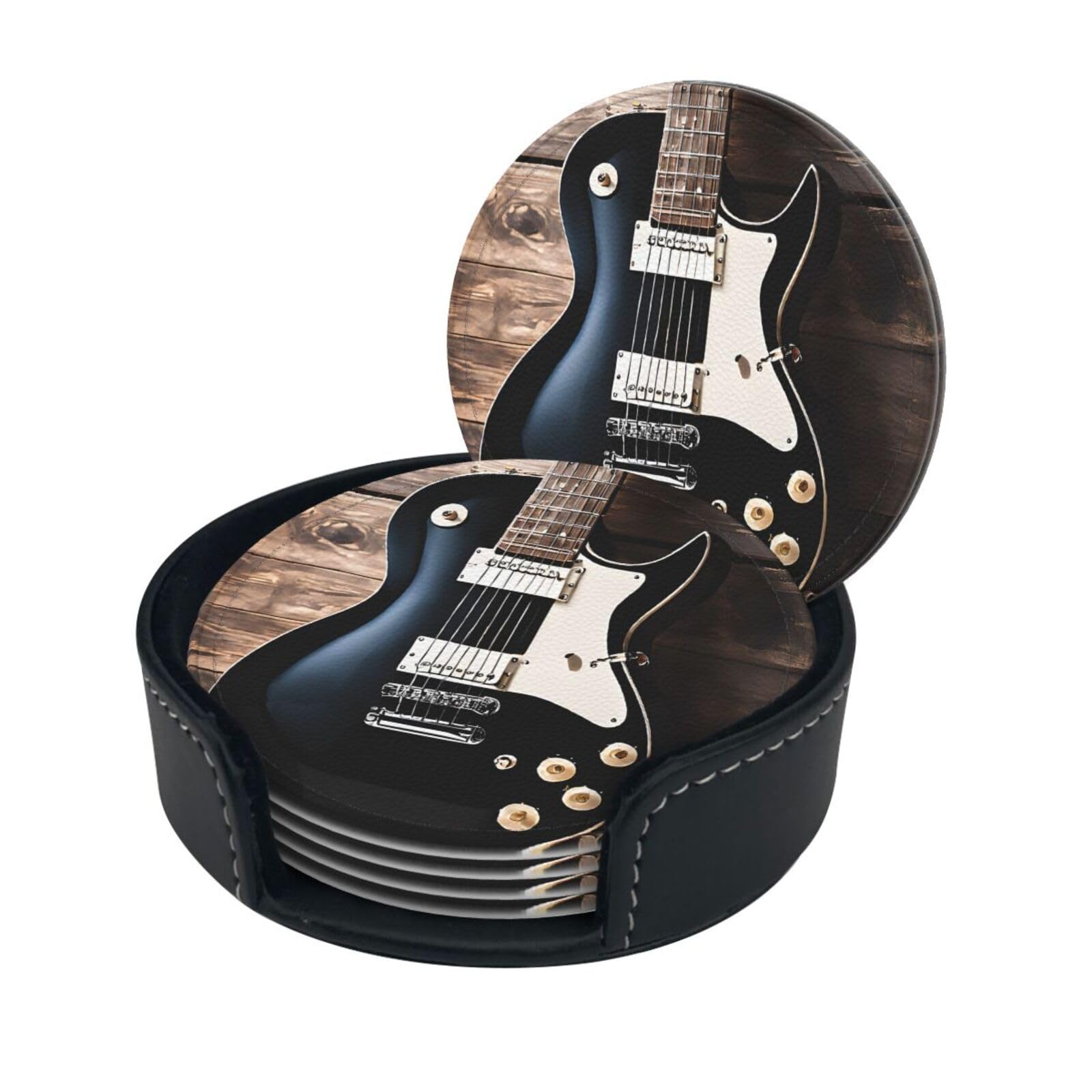Musical Guitar Print Coaster,Round Leather Coasters with Storage Box for Wine Mugs,Cold Drinks and Cups Tabletop Protection (6 Piece)