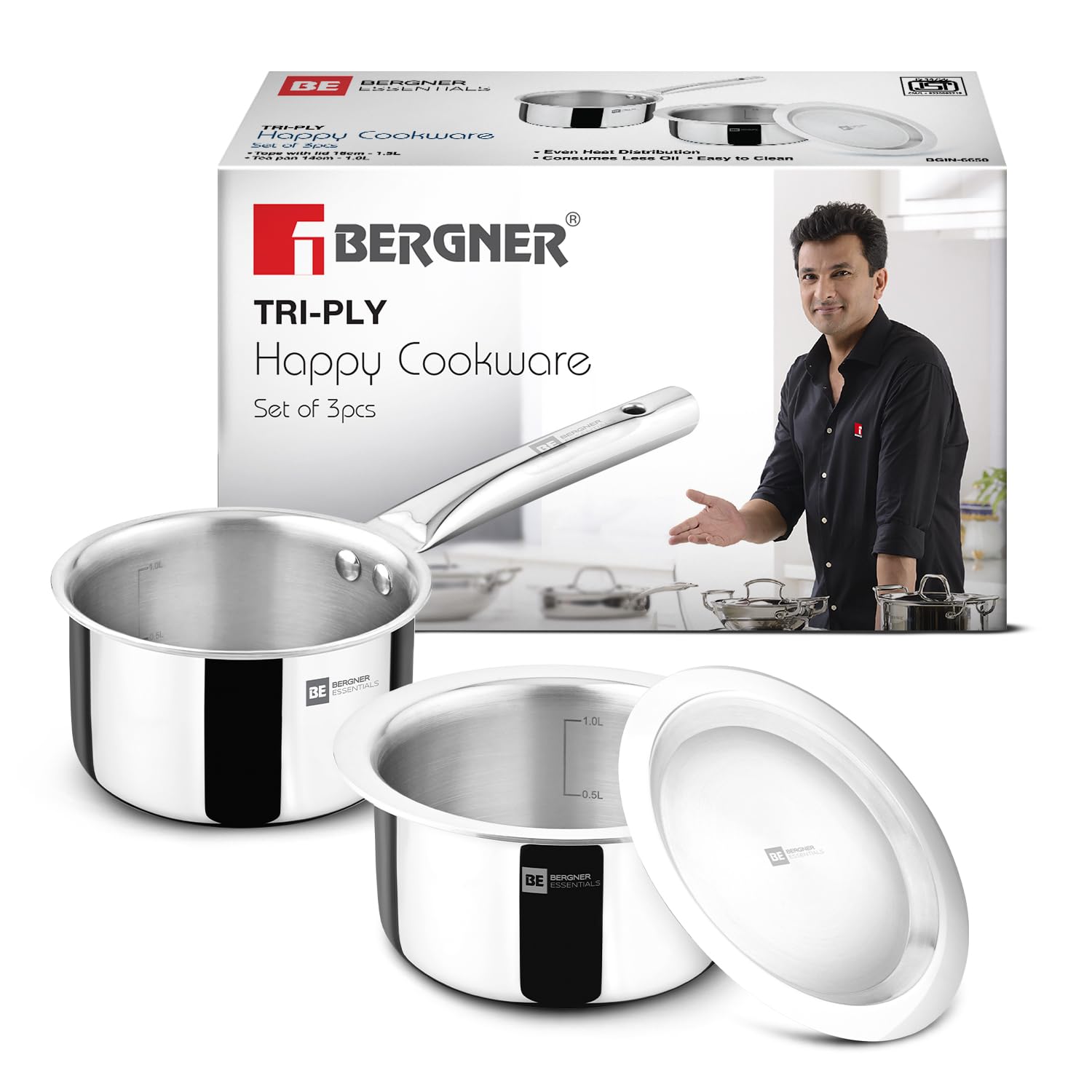 Bergner Tripro Triply 3 Pcs Stainless Steel Cookware Happy Set - Tope with Lid 16cm (1.5L) and Teapan 14cm (1L), Even and Faster Heating, Healthy Cooking, Less Oil Use - Induction and Gas Stove Ready-picture-16
