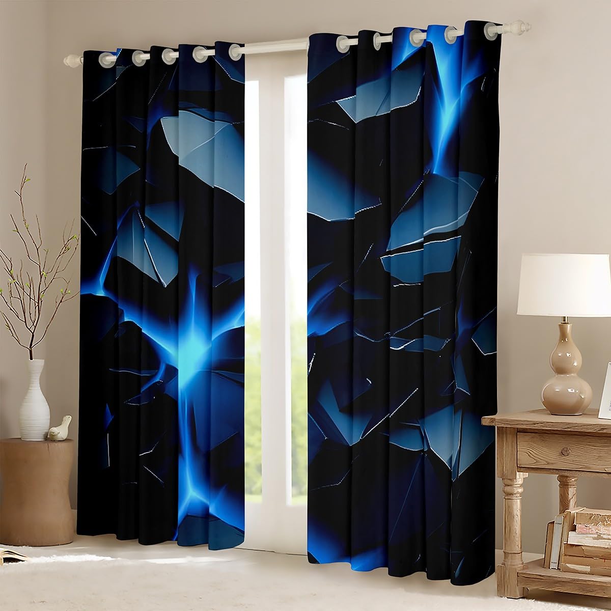 Loussiesd Blaue Geometrie Vorhänge 175x140cm für Kinder Jungen Mädchen Geometrie Bodenbeschaffenheit Fenstervorhang Vulkangesteine Blickdichte Vorhänge Gardinen für Schlafzimmer Wohnzimmer