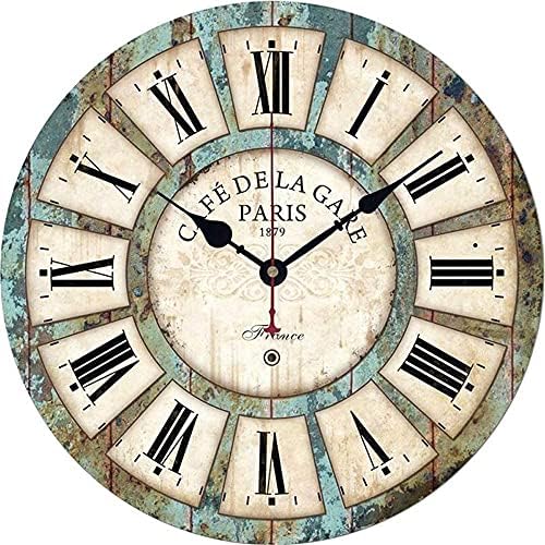 Qukueoy 12 Inch Silent Round Wooden Wall Clock Rustic Country Style, Battery Operated, Vintage Farmhouse Wall Decor for Living Room, Kitchen, Bedroom, Office