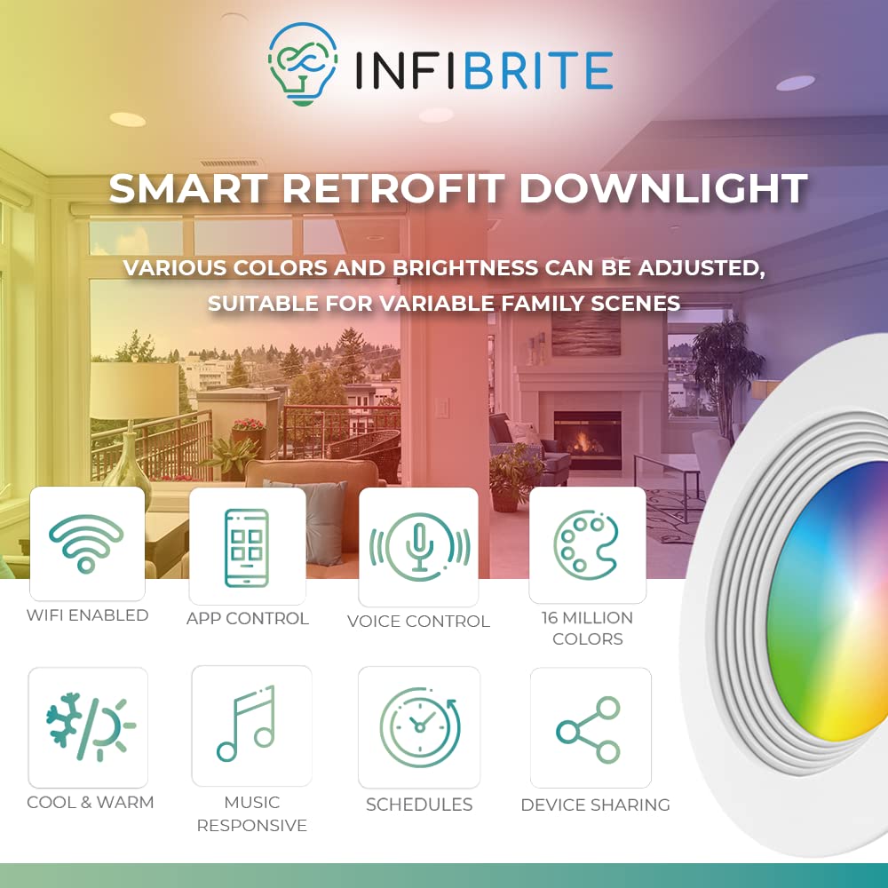 INFIBRITE 4 Inch Smart Recessed Light, Color Changing and Tunable White, WiFi Retrofit LED Downlight E26 Base, Compatible with Alexa Google, Dimmable, 810LM, CRI90, RGBCW, Wet Rated,(IB-003-1-9W-WH)