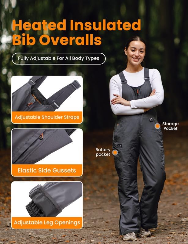HENNCHEE Heated Insulated Bib Overalls for Women with 16000mAh Battery, Outdoor Snow bibs Warm Skiing Snowboard Pants Grey S