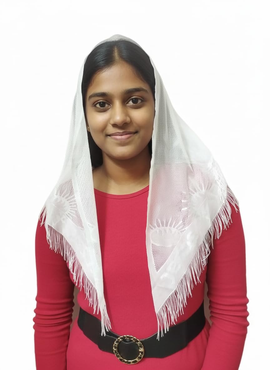 Triangle Church Prayer Veil, White, 48x34x25 Inches, Fringe Detail, Religious Head Scarf, Christian church scarf, Catholic mantilla for women.-image-9
