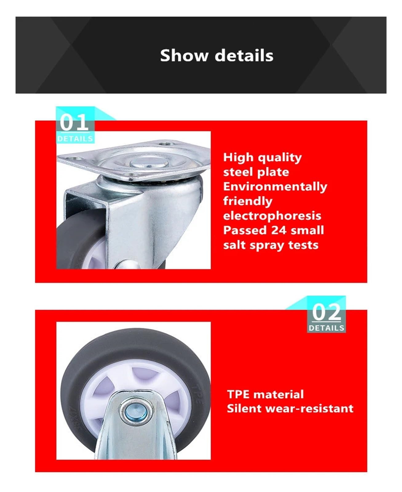 4 Confezione 1" 1.25" 1.5" 2" TPE Mini Vite Universale Ruote per carrelli con Freno Silenzioso Grigio Gomma Mobili Riscorrere Ruote per Mobilità fluida