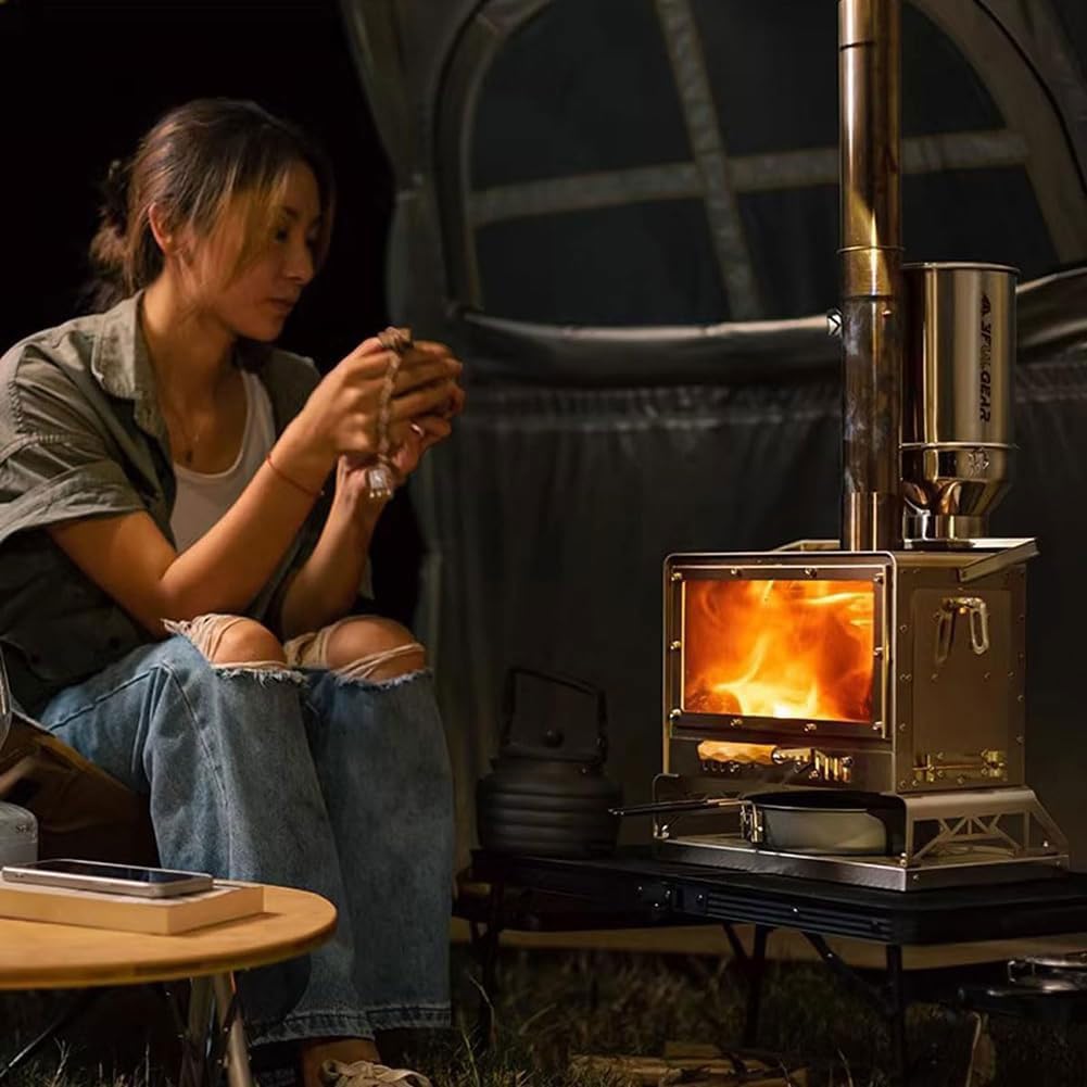 Poêle à bois portable avec fenêtre en verre ignifuge et tuyau de cheminée, idéal pour le camping, la randonnée et le pique-nique
