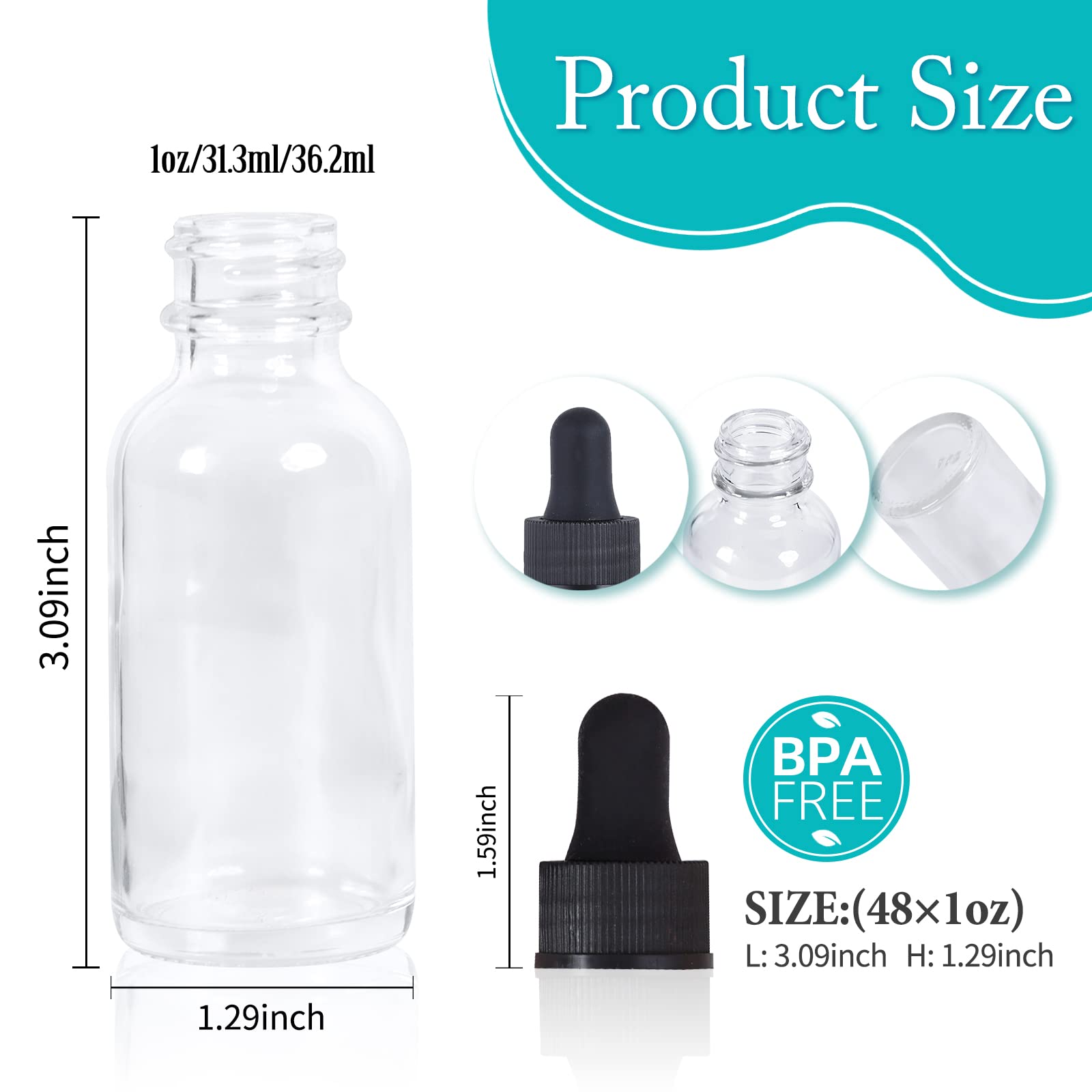 Tropfflasche, 30 ml, 48 Stück, klare Glasflaschen, 30 ml, mit Pipetten, schwarze Kappen für ätherische Öle, Parfüm, auslaufsichere Reiseflaschen für Flüssigkeiten
