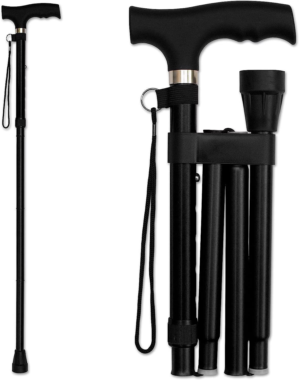 SMIC Folding Cane - Foldable Walking Cane for Men, Women - Fold-up, Collapsible, Lightweight, Adjustable, Portable Hand Walking Stick - Balancing Mobility Aid - Sleek, Comfortable T Handles (Black)