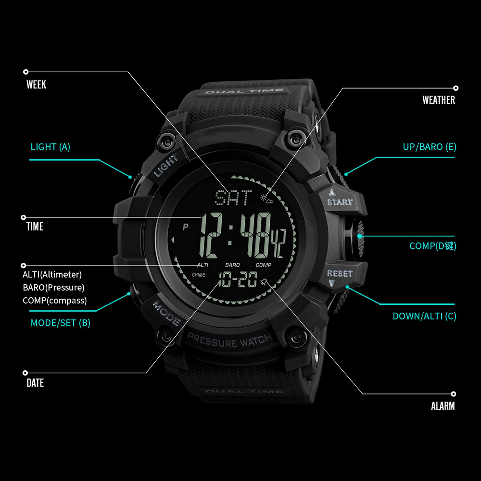 ABC,Orologio sportivo da uomo, con altimetro, barometro, bussola, contapassi, contatore calorie, cronografo, pressione contapassi, orologio digitale da uomo, Nero , All'aperto