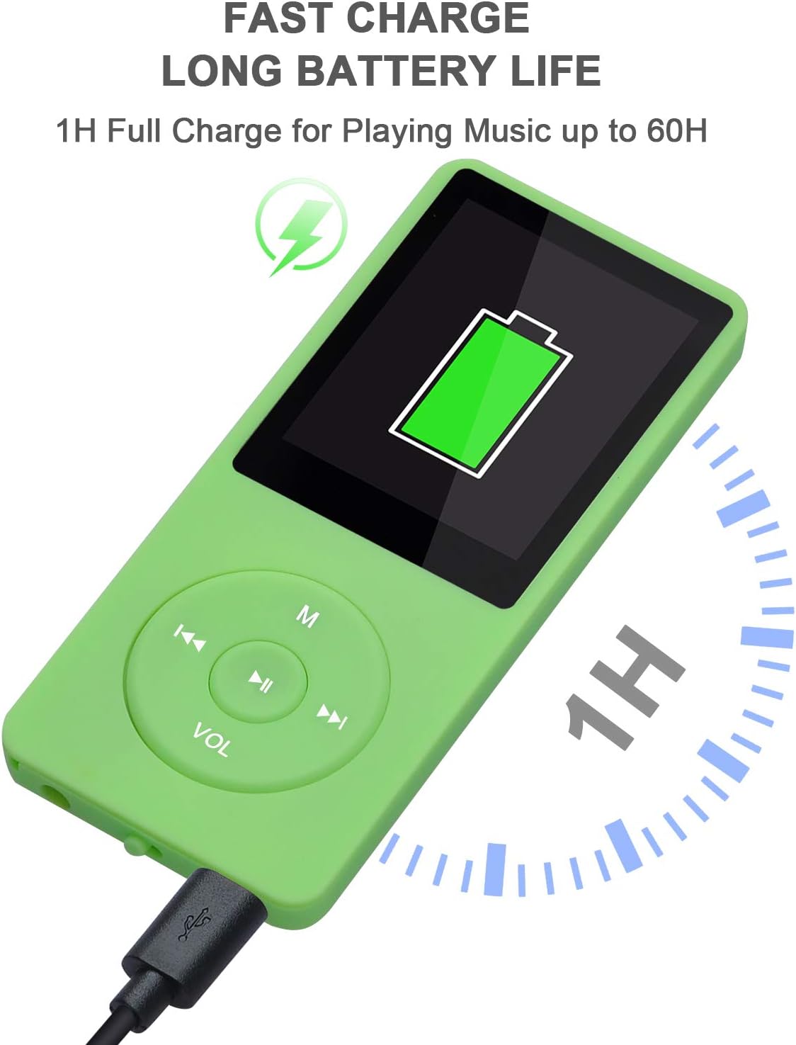 COVVY BL-041 MP3 Player connected to a USB cable, showing a battery charging icon on screen and text 'FAST CHARGE LONG BATTERY LIFE 1H Full Charge for Playing Music up to 60H'.