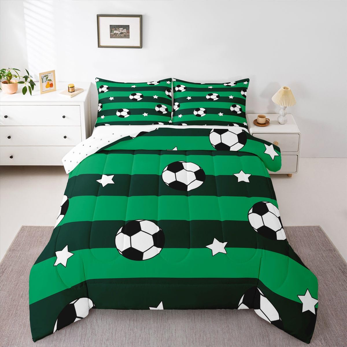 Feelyou Soccer Comforter Set Queen Size Kids Football Pattern Games Bedding Set for Boys Girls Sports Theme Green Geometric Stripes Duvet Quilt Room Decor