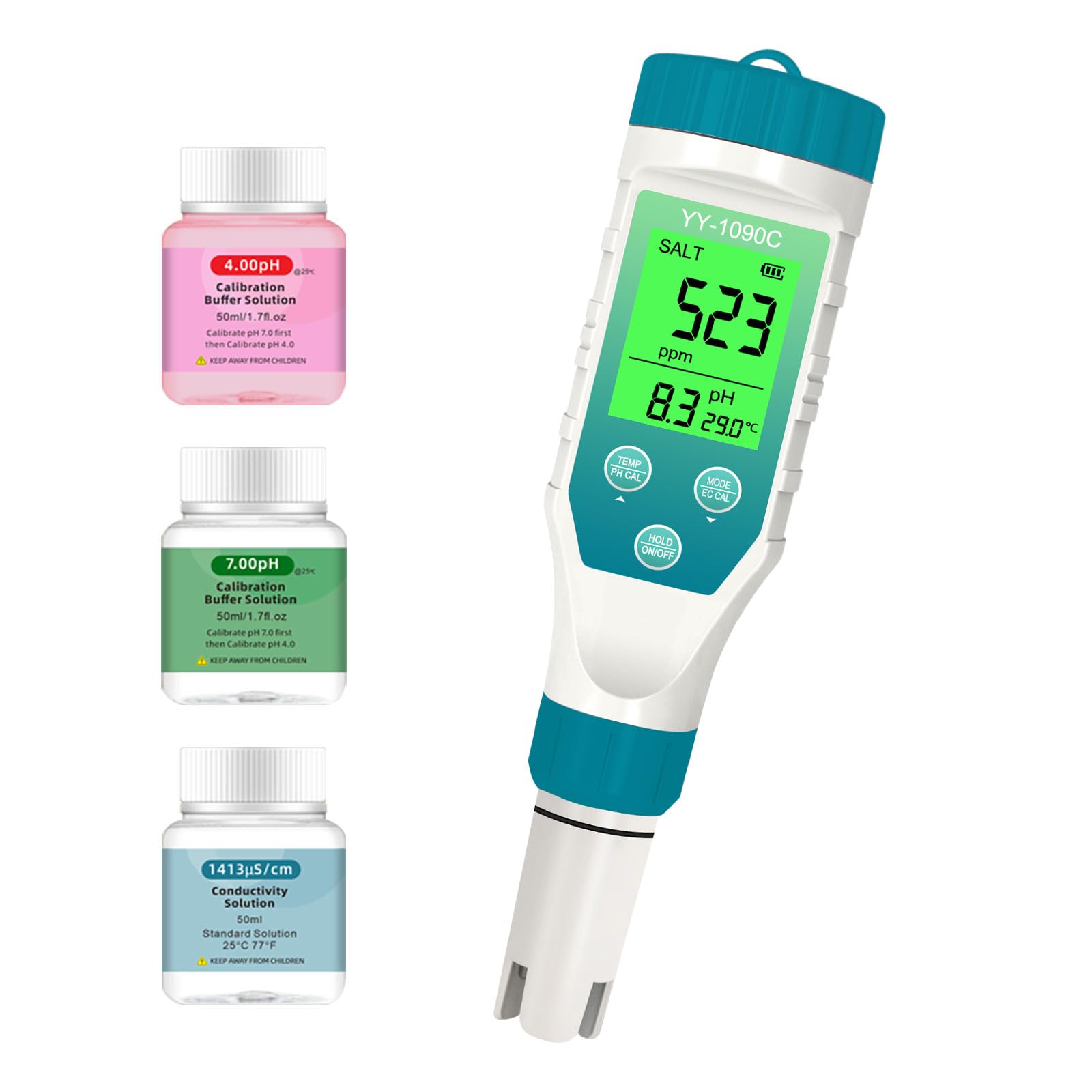 Medidor de pH para hidroponía y medidor de sal de spa - Medidor de pH, salinidad, TDS, EC y temperatura 5 en 1 con calibración de 12,88 mS/cm - Monitor de calidad del agua de piscina de agua salada