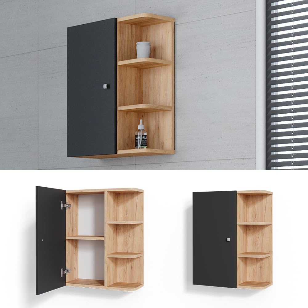Vicco Armario de baño Fynn, Antracita, 47.2 x 59.2 cm, para Montaje en Pared con estantes Abiertos