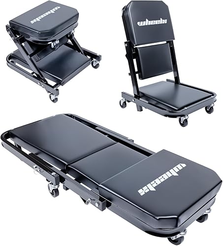 Enredadera mecánica 40 pulgadas 3-en-1 con asiento en Z, capacidad de 480 libras, silla de taller plegable y ajustable con ruedas rodantes de 6