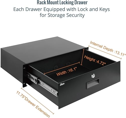 Miniatura 10 de TECMOJO Cajón de montaje en bastidor con bloqueo  22lb (10 kg) Cajón de almacenamiento de acero seguro con cerradura para equipo de red de 19