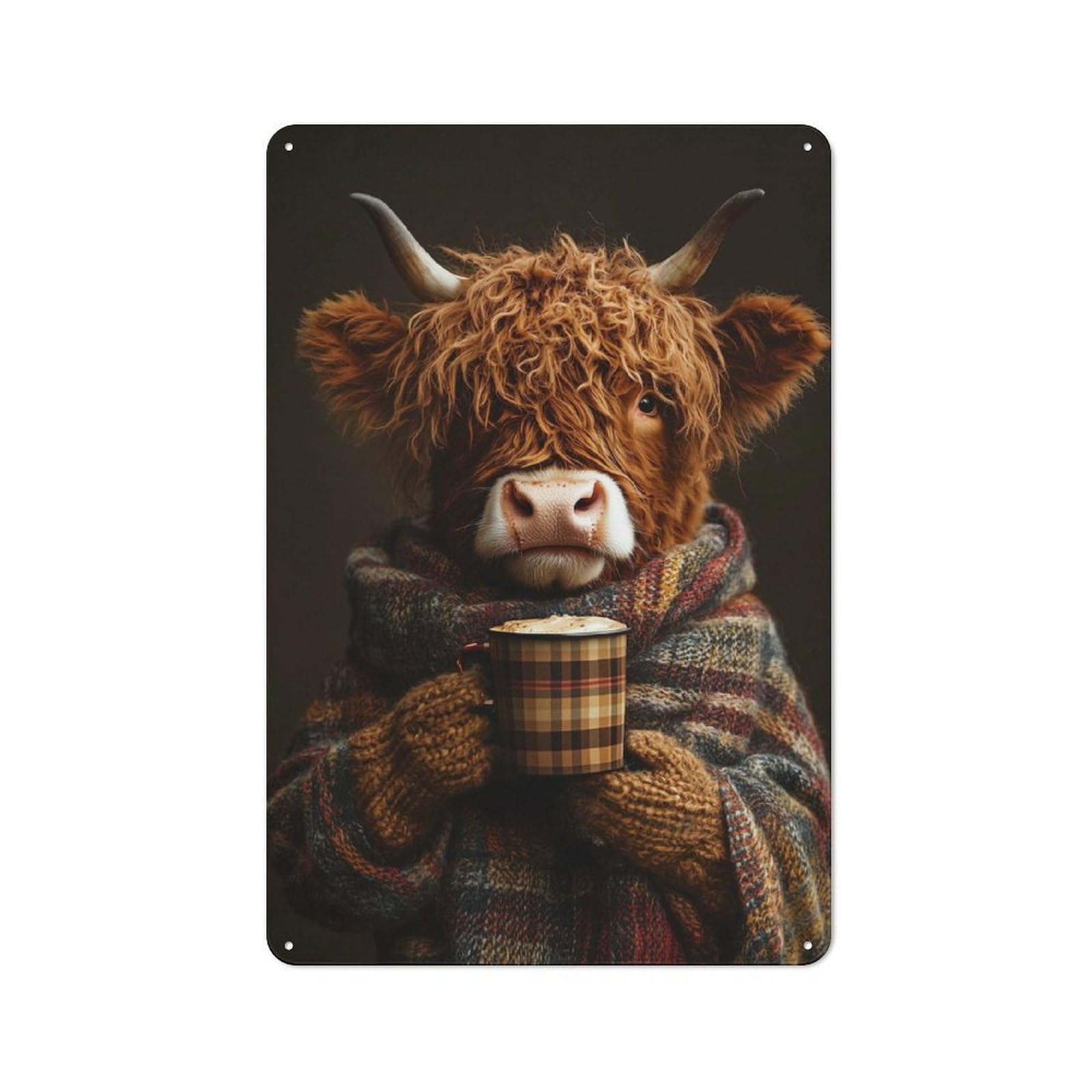 Junmoney Highland Cow With Hot Coffee Retro-Style Tin Wall Plaque 30X20cm For Living Room Wall, A Metal Wall Feature For Living Rooms And Feature Walls
