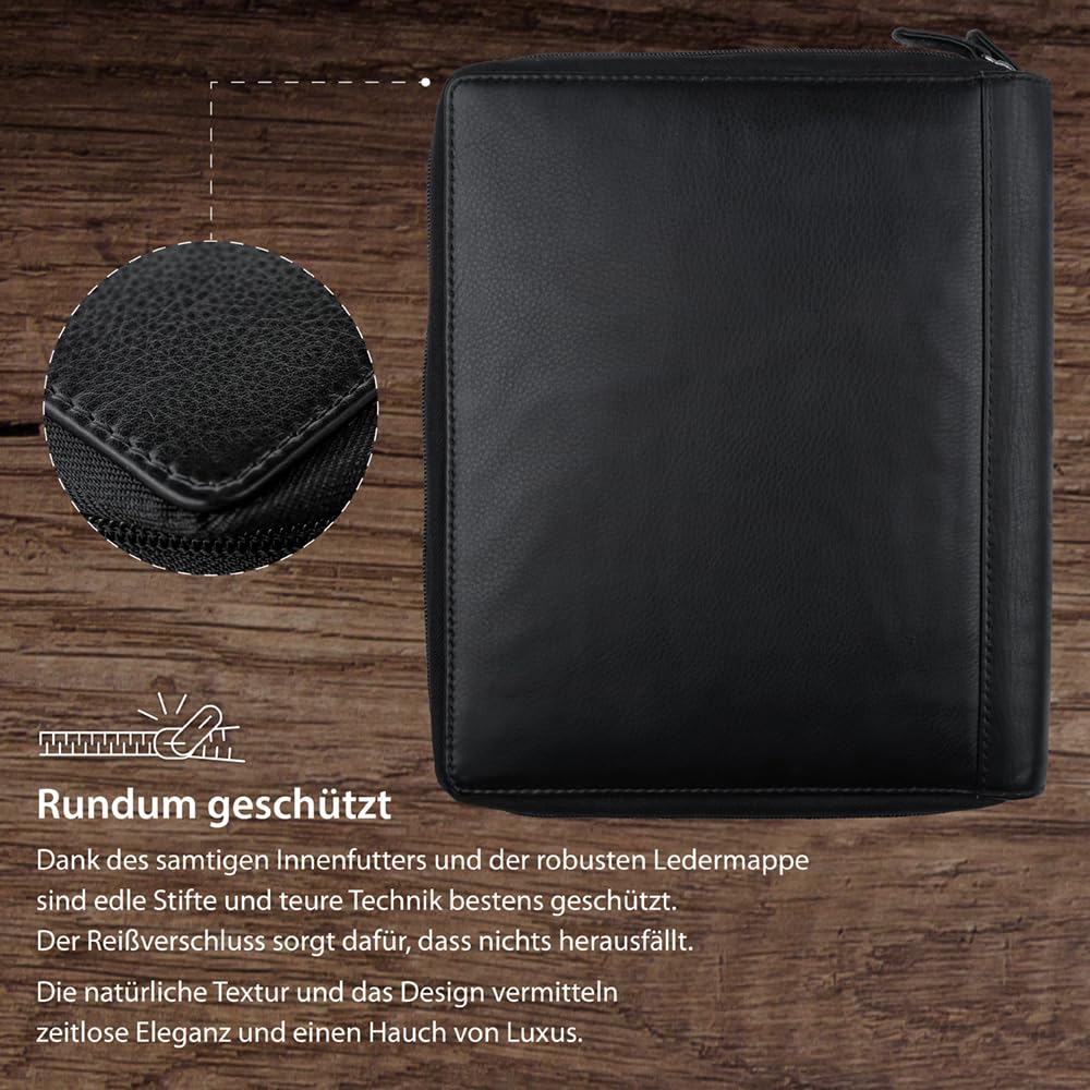 HANS/SON Business-Organizer – Edles Echt-Leder-Case mit 2 Fächern, Platz für A5 Block oder Tablet und wichtige Utensilien, ideal für unterwegs - schwarz, innen braun