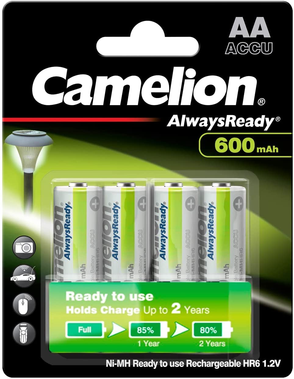 Camelion Always Ready akumulatory Ni-MH AA / HR6, 4 sztuki, pojemność 600 mAh, możliwość ponownego ładowania, wydajne baterie jednorazowe do urządzeń elektronicznych do optymalnego zasilania