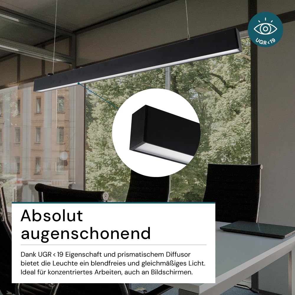 LUXULA LED Pendelleuchte 120 cm Schwarz, 30W 3600lm, 3000-6500K einstellbar, Hängelampe Up & Down Aluminium, Blendfrei UGR<19, Deckenlampe als Büro- & Tresenleuchte, Esszimmerlampe hängend