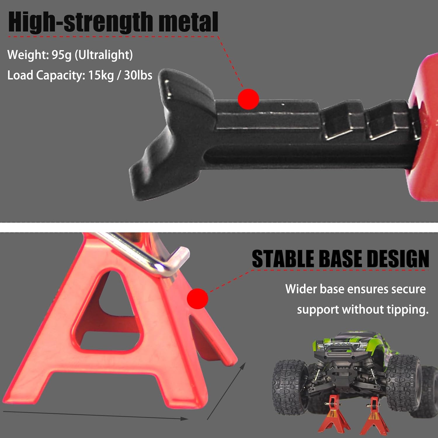 2-Pack Adjustable Metal RC Jack Stands - Compatible with 1/8 1/10 1/12 Scale Crawlers (for TRX-4, Axial SCX10, Tamiya CC01) - for Repair, Upgrade & Display