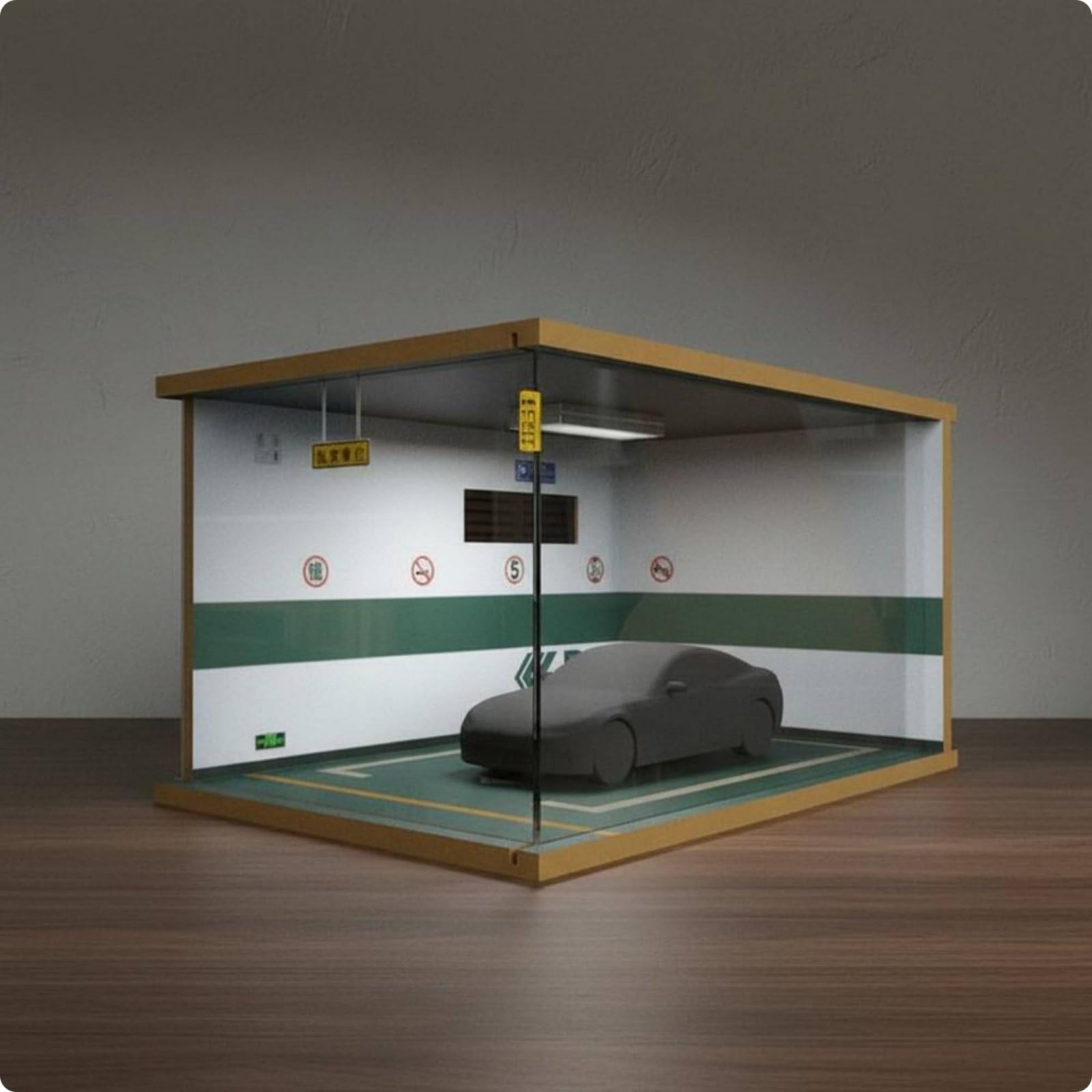 Diorama de Garaje a Escala 1/24 Maqueta Escaparate Vitrina Aparcamiento Acrílico Iluminación LED Antipolvo Apilable Madera Adecuada para Colección de , 2a-Izquierda