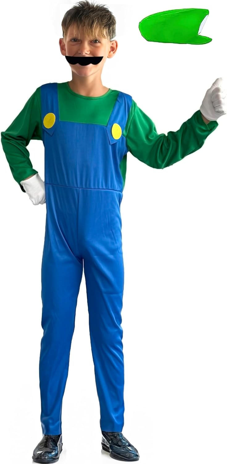 Super Brothers Costume For Kids Plumber Outfit With Hat Mustache Gloves Accessory Over 3 years old Kids-Medium(Height:40-46 inch) Green