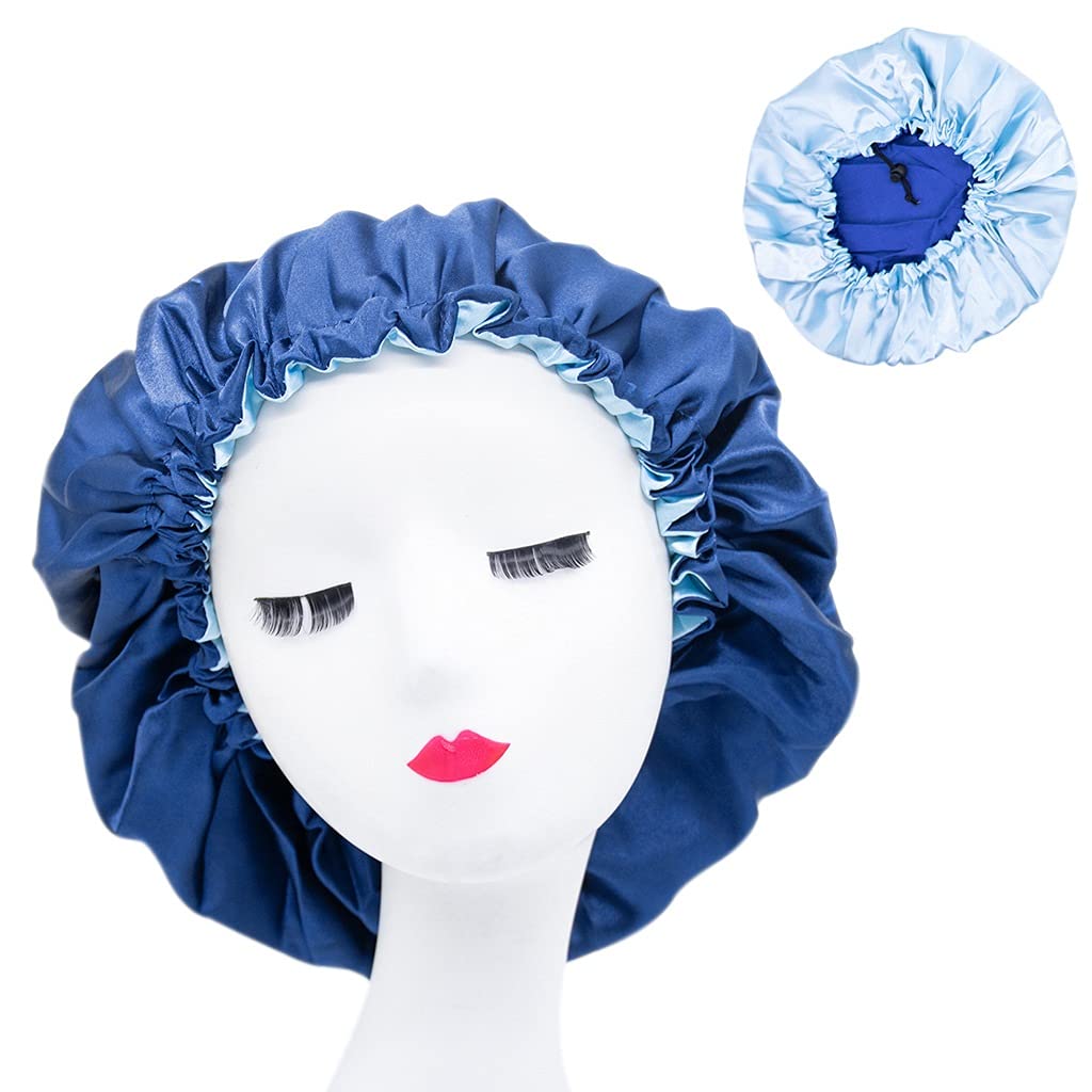 HAR LONDON FASHION 21 Styles Large Satin Sleeping Cap Satin Bonnet Curly Hair Night Sleep Wrap Caps For Women (navy blue & light blue)