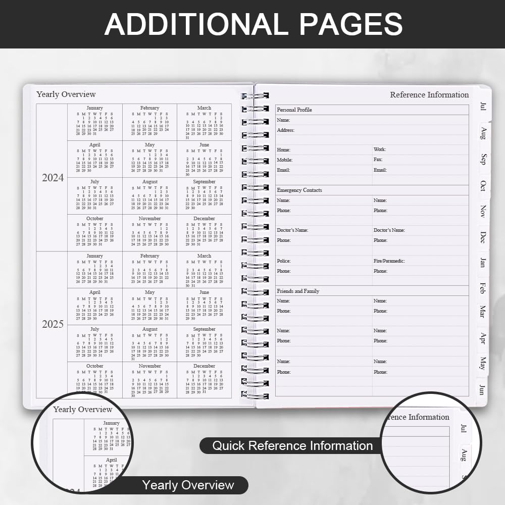 Agenda 2024-2025, planner settimanale e mensile, da luglio 2024 a giugno 2025, 15,9 x 21 cm, linguette mensili, pagina note, tasca interna, copertina flessibile con rilegatura a doppio filo, nero